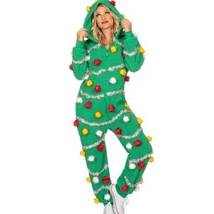 Tipsy Elves Oh Christmas Tree Onesie Green Jumpsuit with Pom Poms